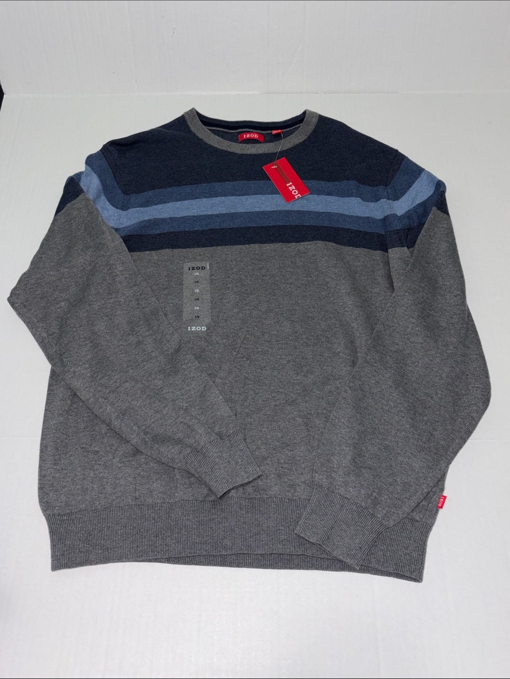 Izod Men's Size Large Gray Crewneck Sweater with Navy and Light Blue Stripes